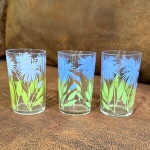 3 Vintage Jelly Jar Glasses with Blue Flowers
